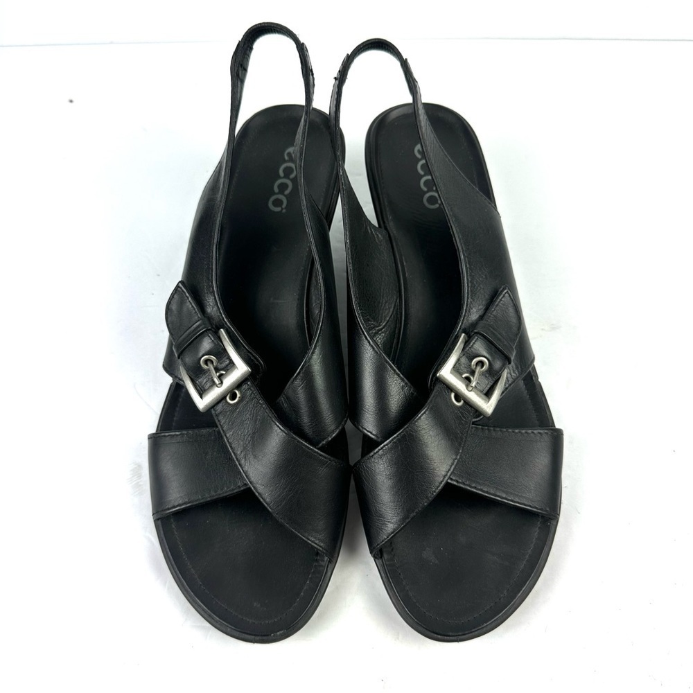 Ecco Criss Cross Wedge Shoes 42 Black Leather Slingback Shoes‎ Womens